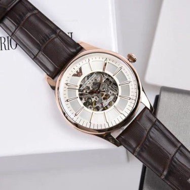 Emporio Armani Epoca White Skeletal Dial Black Leather Strap Watch For Men - AR2073