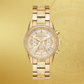 Michael Kors Ritz Chronograph Gold Dial Gold Steel Strap Watch For Women - MK6597