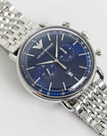 Emporio Armani Aviator Chronograph Blue Dial Silver Steel Strap Watch For Men - AR11238