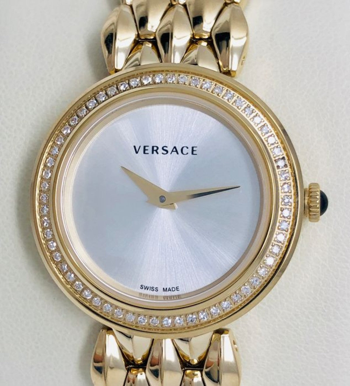 Versace V Flare Diamonds Silver Dial Gold Steel Strap Watch for Women - VEBN00918