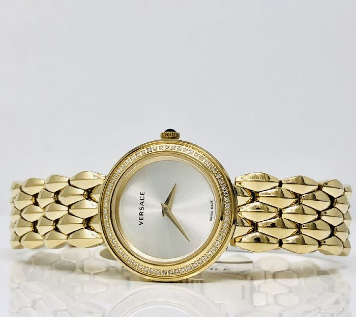 Versace V Flare Diamonds Silver Dial Gold Steel Strap Watch for Women - VEBN00918