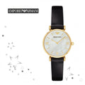 Emporio Armani Gianni T-Bar Quartz Mother of Pearl Dial Black Leather Strap Watch For Women - AR1910