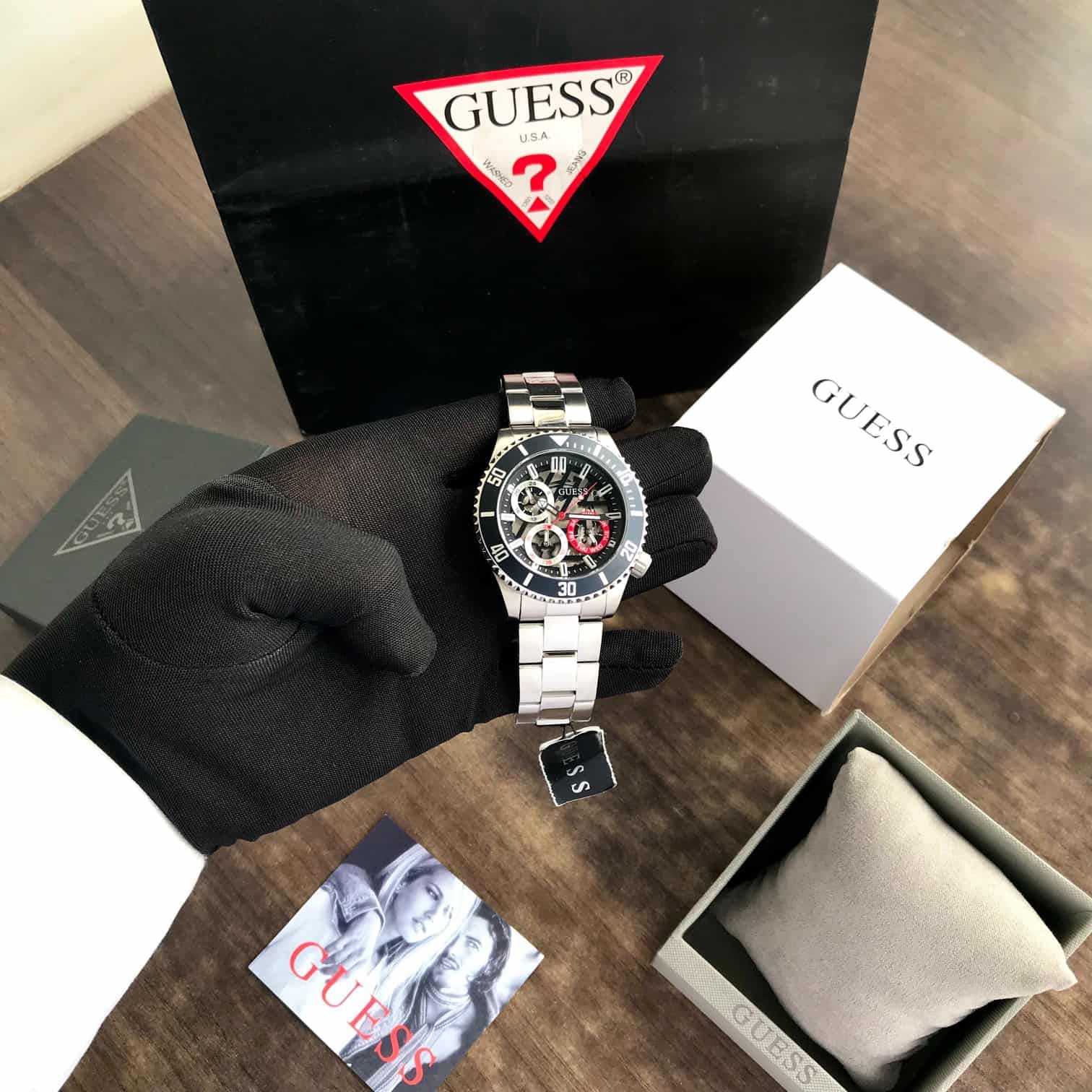 Guess Axle Multifunction Black Dial Silver Steel Strap Watch For Men - GW0488G1