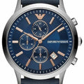 Emporio Armani Renato Chronograph Blue Dial Black Leather Strap Watch For Men - AR11216