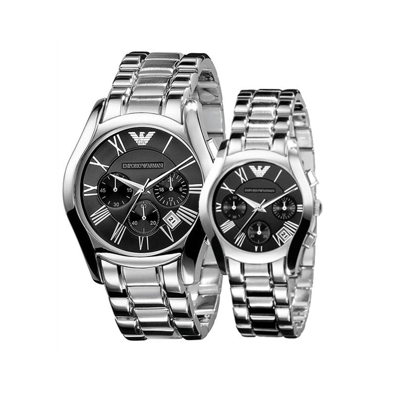 Emporio Armani Velente Chronograph Black Dial Silver Steel Strap Watch For Women - AR0674