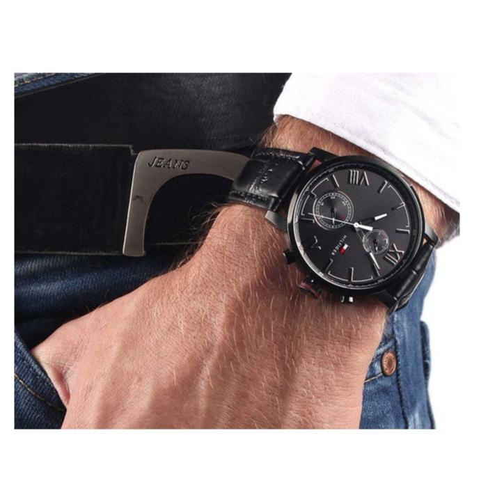 Tommy Hilfiger Aden Chronograph Black Dial Black Leather Strap Watch for Men - 1791310