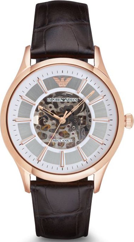Emporio Armani Epoca White Skeletal Dial Black Leather Strap Watch For Men - AR2073