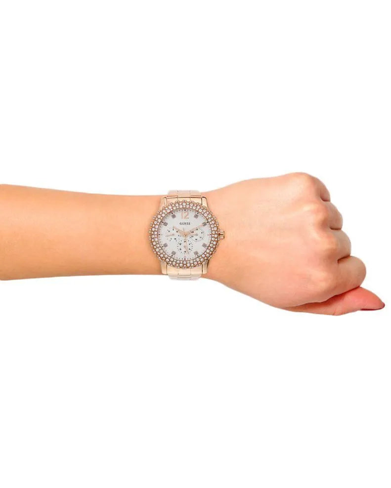 Guess Dazzler Diamonds Silver Dial Rose Gold Steel Strap Watch for Women - W0335L3