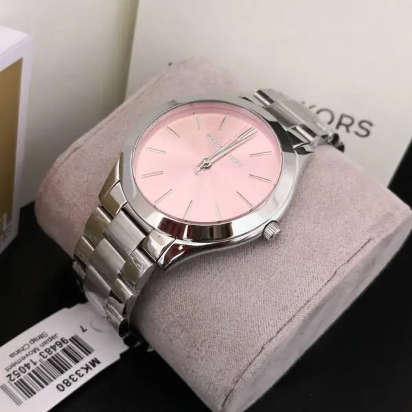 Michael Kors Slim Runway Quartz Pink Dial Silver Steel Strap Watch For Women - MK3380