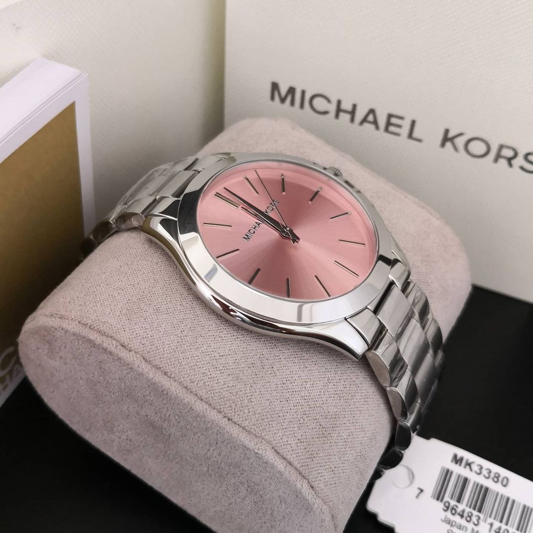 Michael Kors Slim Runway Quartz Pink Dial Silver Steel Strap Watch For Women - MK3380