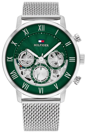 Tommy Hilfiger Legend Chronograph Green Dial Silver Mesh Bracelet Watch For Men - 1710567