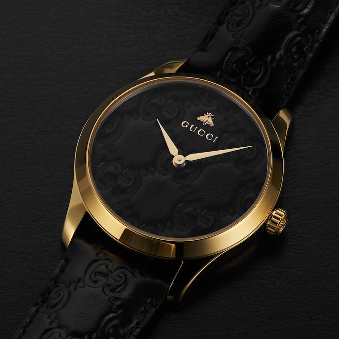 Gucci G Timeless Quartz Black Dial Black Leather Strap Watch For Women - YA1264034A