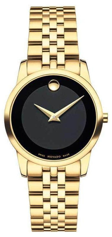 Movado Museum Classic Quartz Black Dial Gold Steel Strap Watch For Women - 0607005