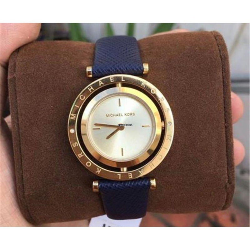 Michael Kors Averi Gold Dial Navy Blue Leather Strap Watch for Women - MK2526