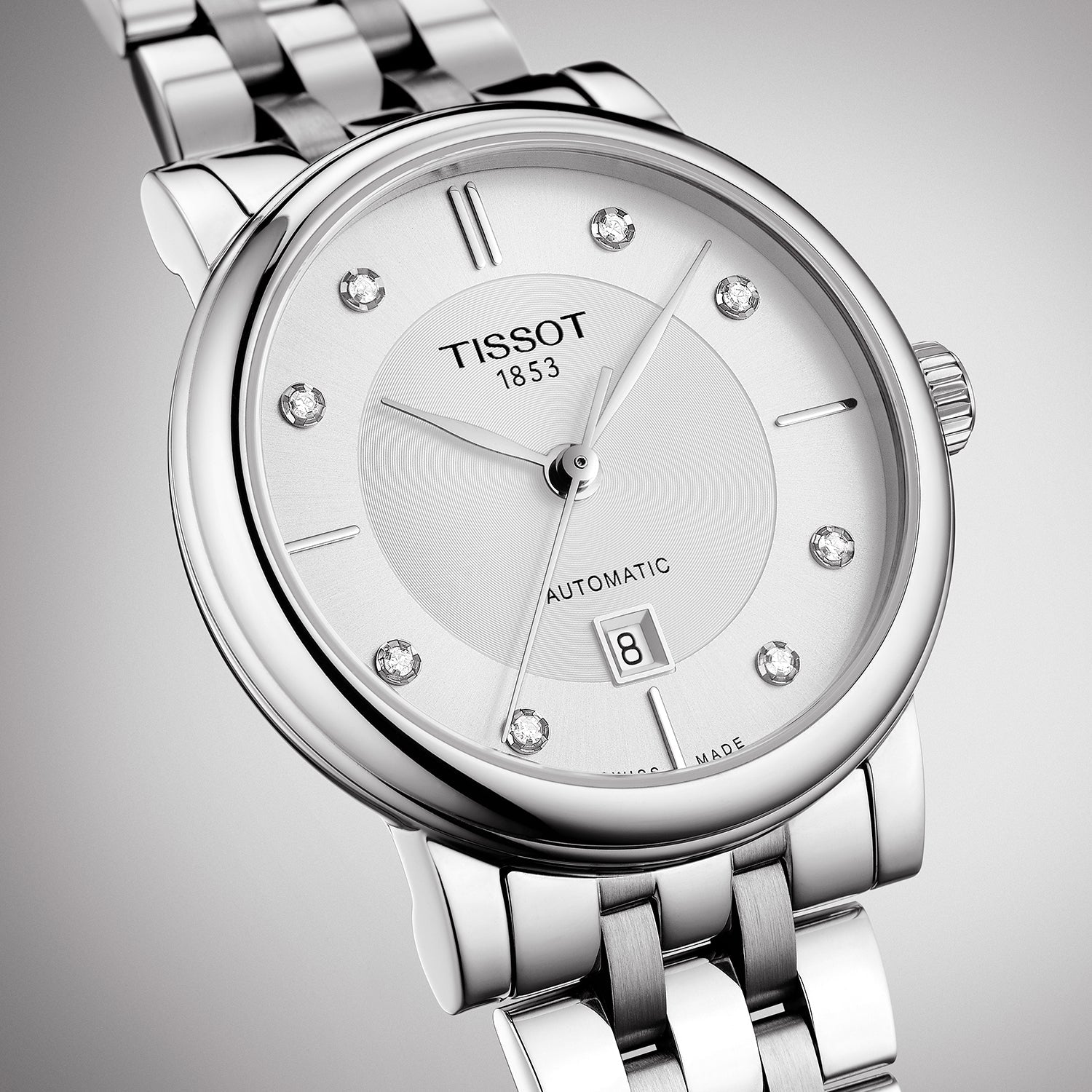 Tissot T Classic Carson Premium White Diamonds Dial Silver Steel Strap Watch for Women - T1222071103600