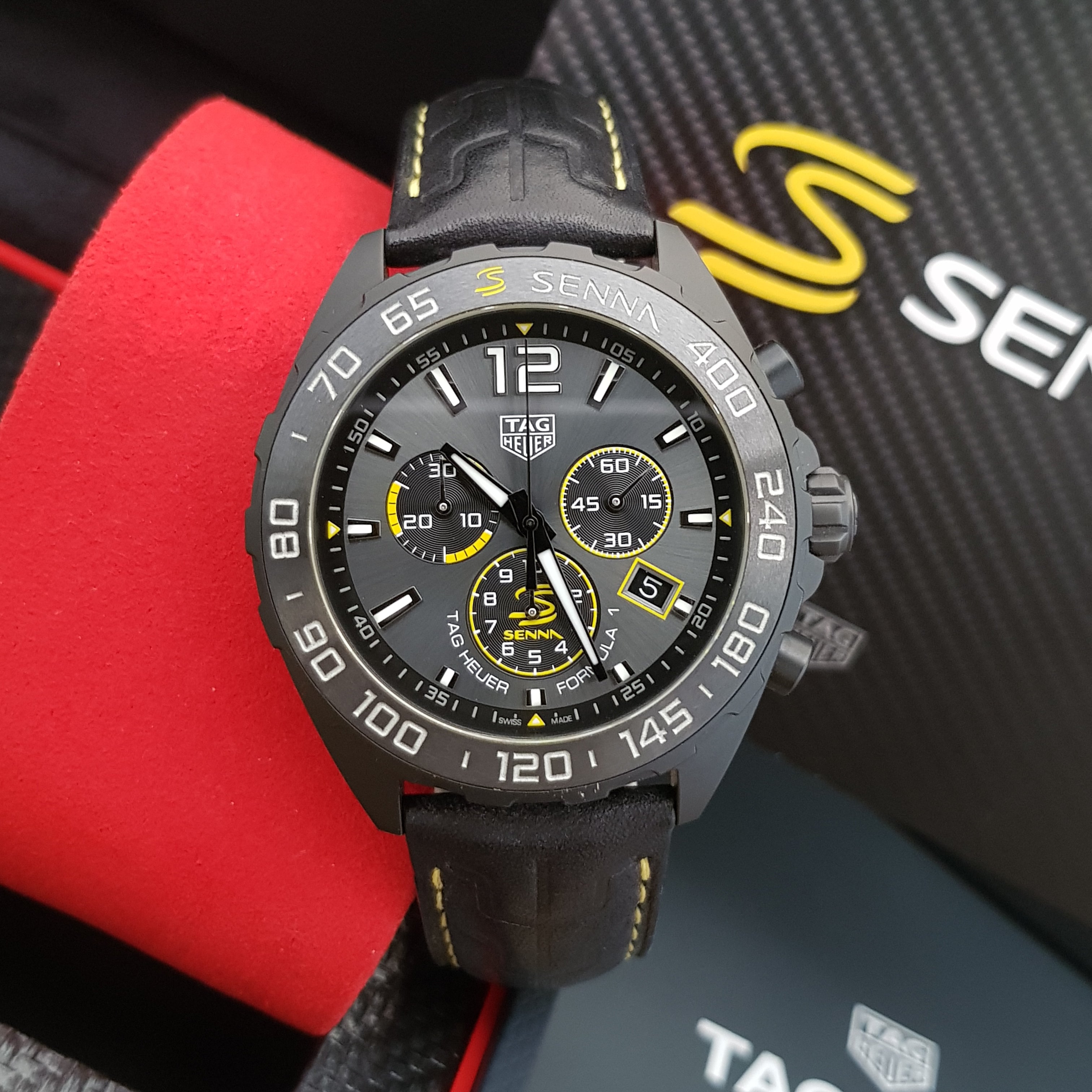Tag Heuer Formula 1 Chronograph Senna Black Dial Black Leather Strap Watch for Men - CAZ101AJ.FC6487