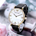 Emporio Armani Gianni T-Bar Quartz Mother of Pearl Dial Black Leather Strap Watch For Women - AR1910