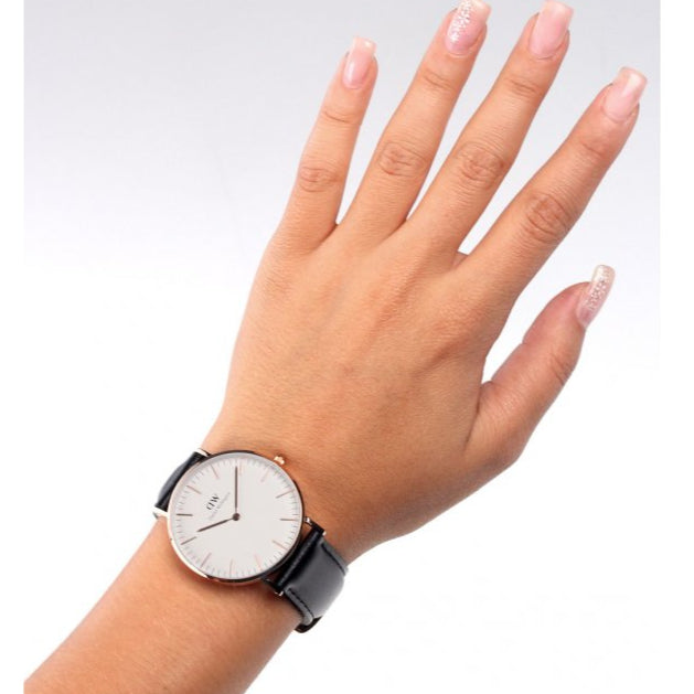 Daniel Wellington Classic Sheffield White Dial Black Leather Strap Watch for Women - DW00100036