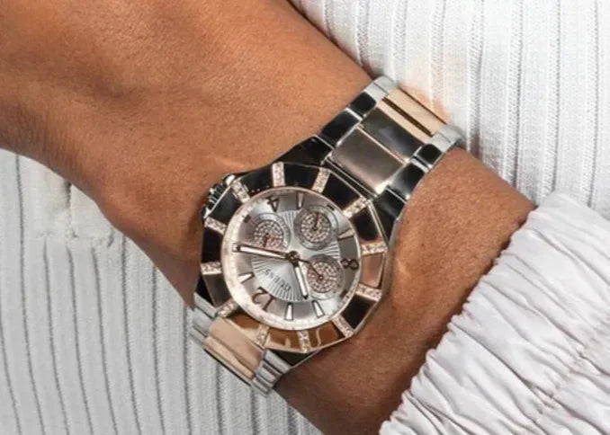 Guess Sunray Multifunction Crystals Silver Dial Two Tone Steel Strap Watch For Women - GW0616L3