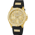 Guess Frontier Diamonds Gold Dial Black Rubber Strap Watch For Women - W1160L1