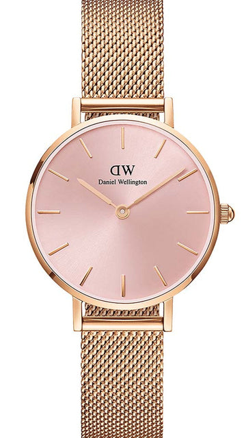 Daniel Wellington Petite Melrose Pink Dial Rose Gold Mesh Strap Watch For Women - DW00100367