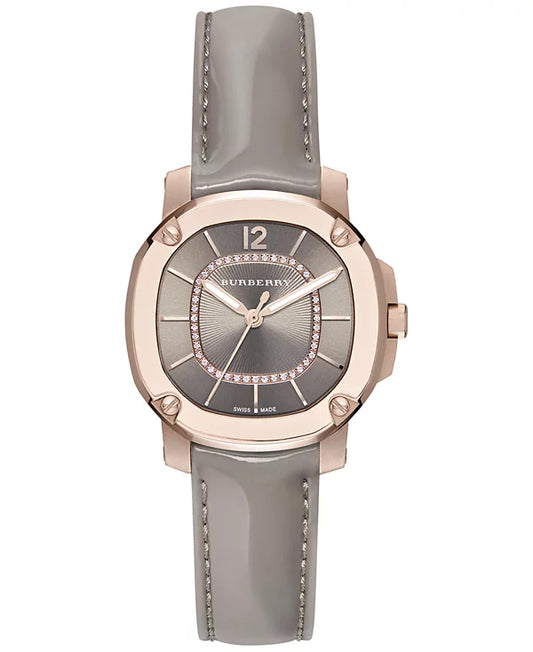 Burberry Britain Diamonds Grey Dial Grey Leather Strap Watch for Women - BBY1810