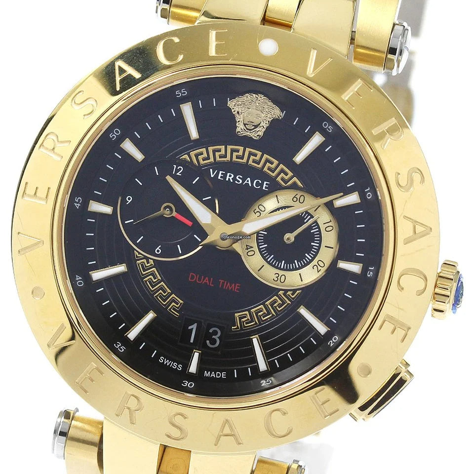 Versace V-Race Quartz Black Dial Gold Steel Strap Watch For Men - VEBV00519