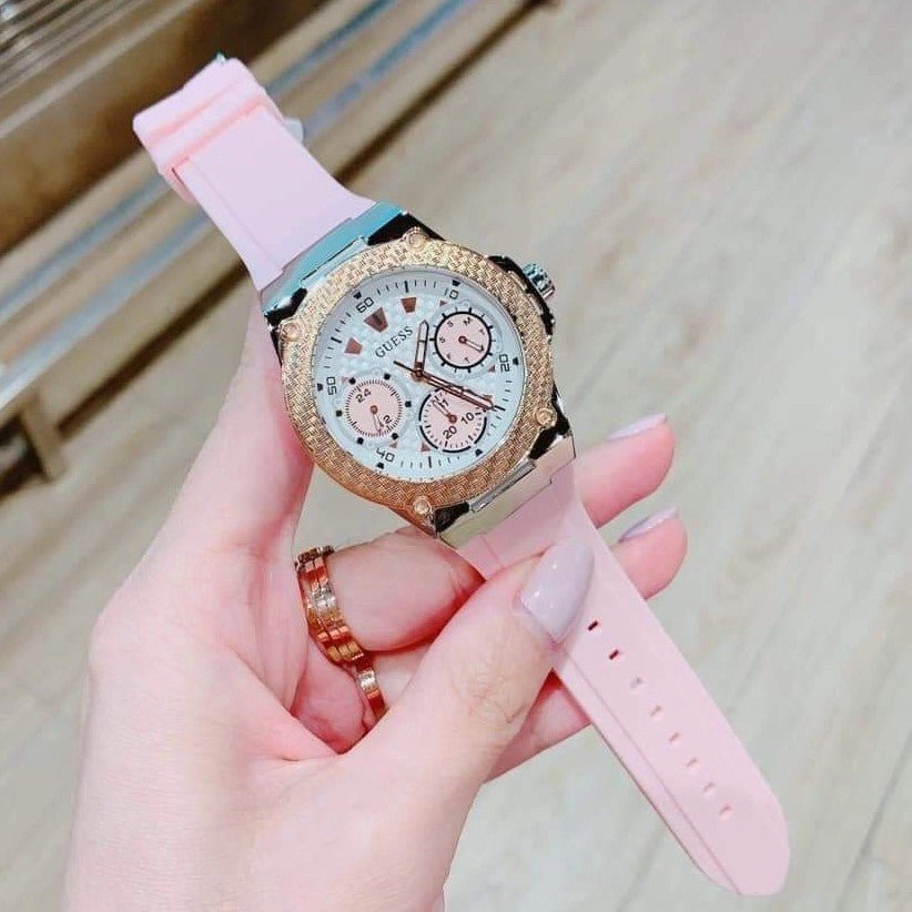 Guess White Dial Pink Silicone Strap Watch For Women - W1049L4