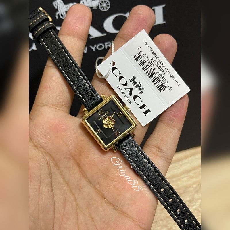 Coach Black Square Dial Black Leather Strap Watch for Women - 14503695