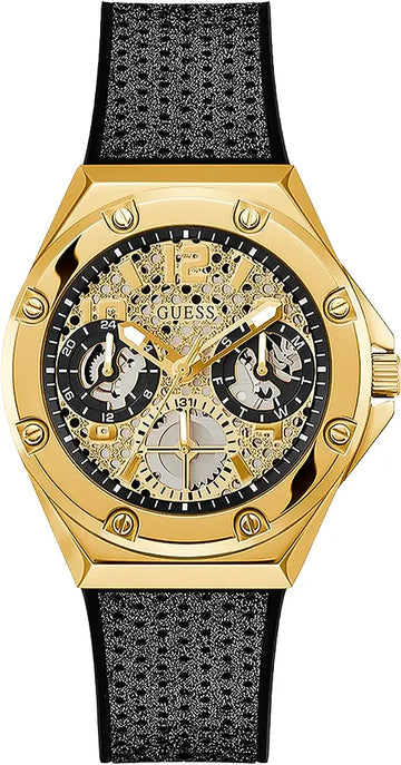 Guess Asteria Multifunction Gold Dial Black Rubber Strap Watch For Women - GW0620L2
