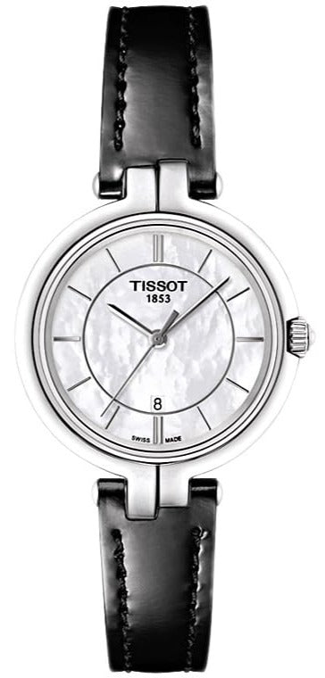 Tissot T Lady Flamingo Mother of Pearl White Dial Black Leather Strap Watch for Women - T094.210.16.111.00
