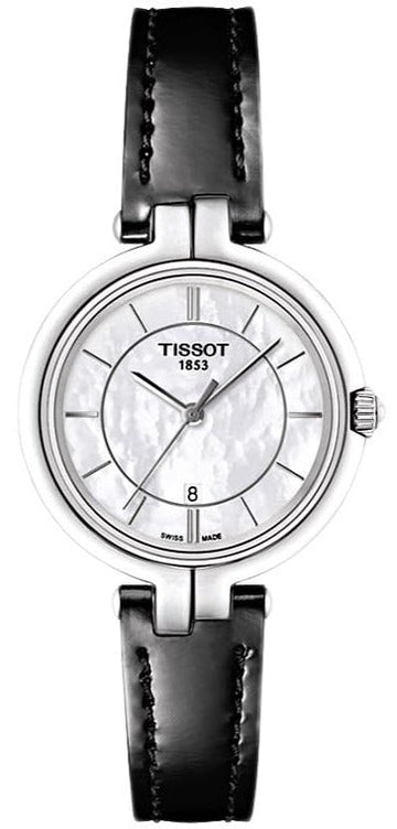 Tissot T Lady Flamingo Mother of Pearl White Dial Black Leather Strap Watch for Women - T094.210.16.111.00