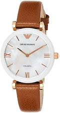 Emporio Armani Gianni T Bar Quartz Mother of Pearl White Dial Brown Leather Strap Watch For Women - AR11040