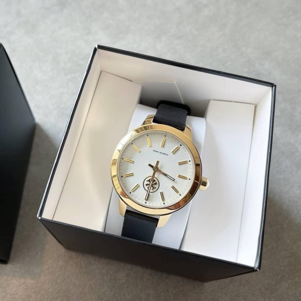 Tory Burch Collins White Dial Black Leather Strap Watch for Women - TBW1205