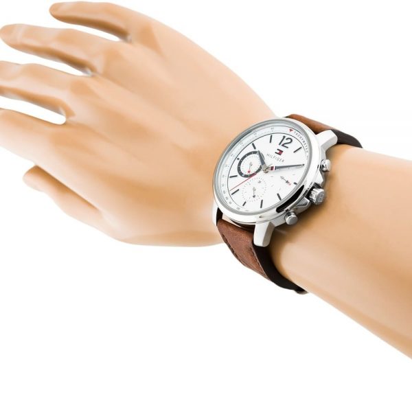 Tommy Hilfiger Landon Chronograph White Dial Brown Leather Strap Watch for Men - 1791531