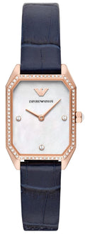 Emporio Armani Gianni T Bar Quartz Mother of Pearl Dial Blue Leather Strap Watch For Women - AR11466