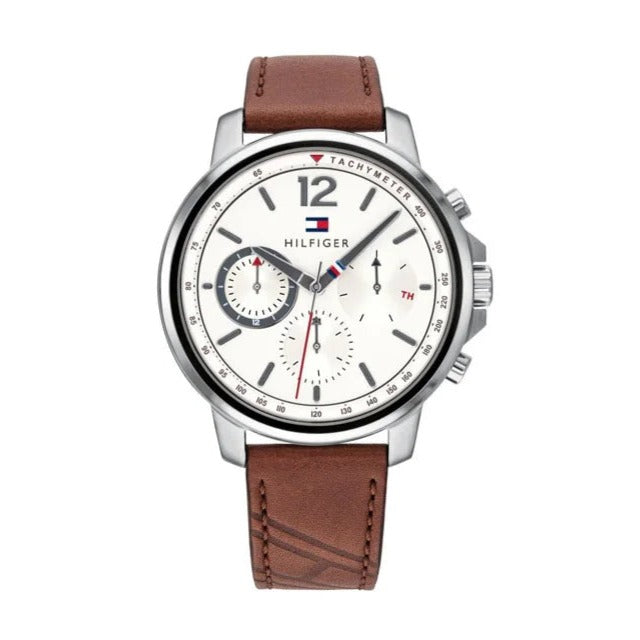 Tommy Hilfiger Landon Chronograph White Dial Brown Leather Strap Watch for Men - 1791531