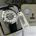 Fossil Grant Automatic Skeleton White Dial Black Leather Strap Watch for Men - ME3101