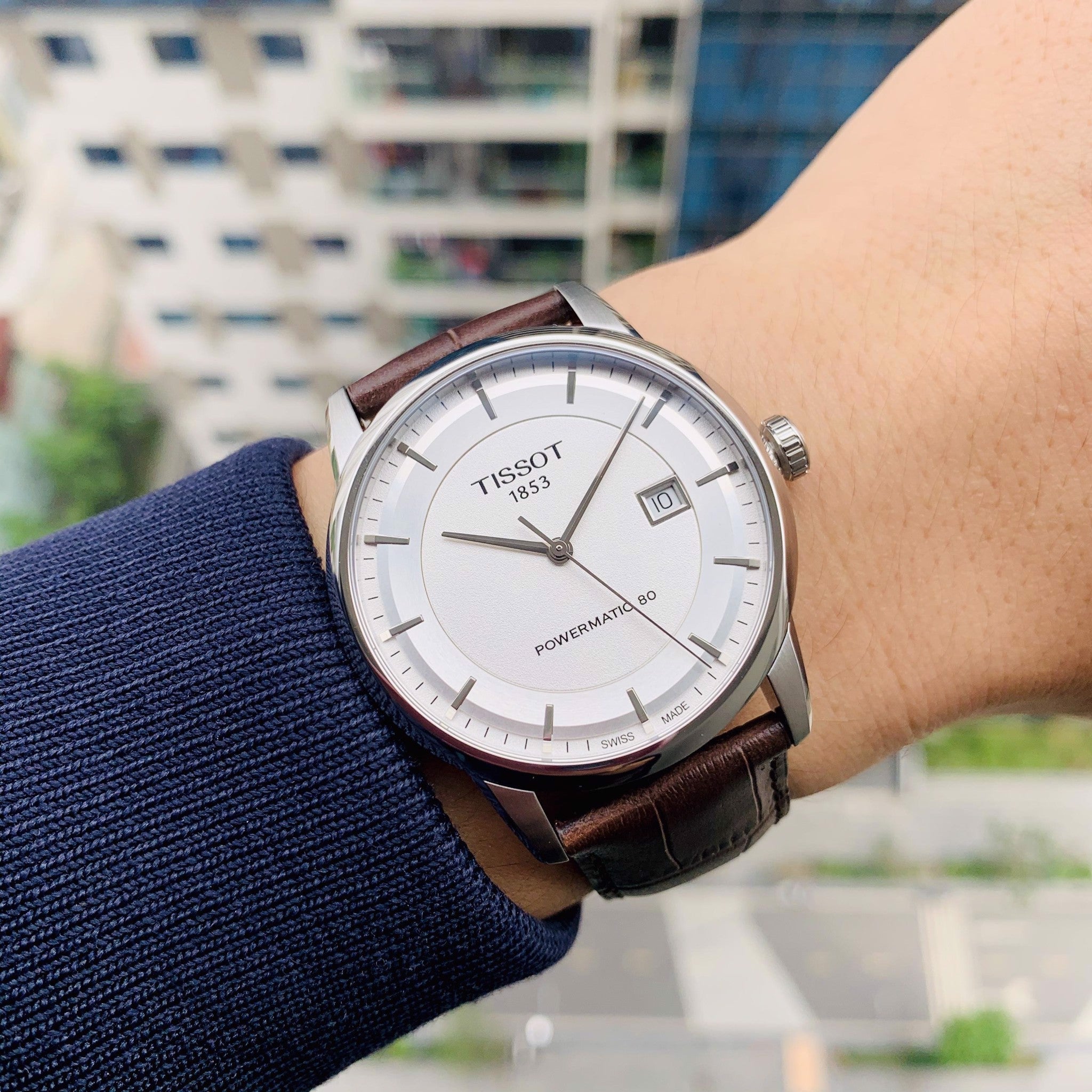 Tissot T-Classic Powermatic 80 Silver Dial Brown Leather Strap Watch For Men - T122.407.16.031.00