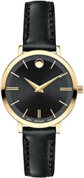 Movado Ultra Slim Black Dial Black Leather Strap Watch For Women -  0607095