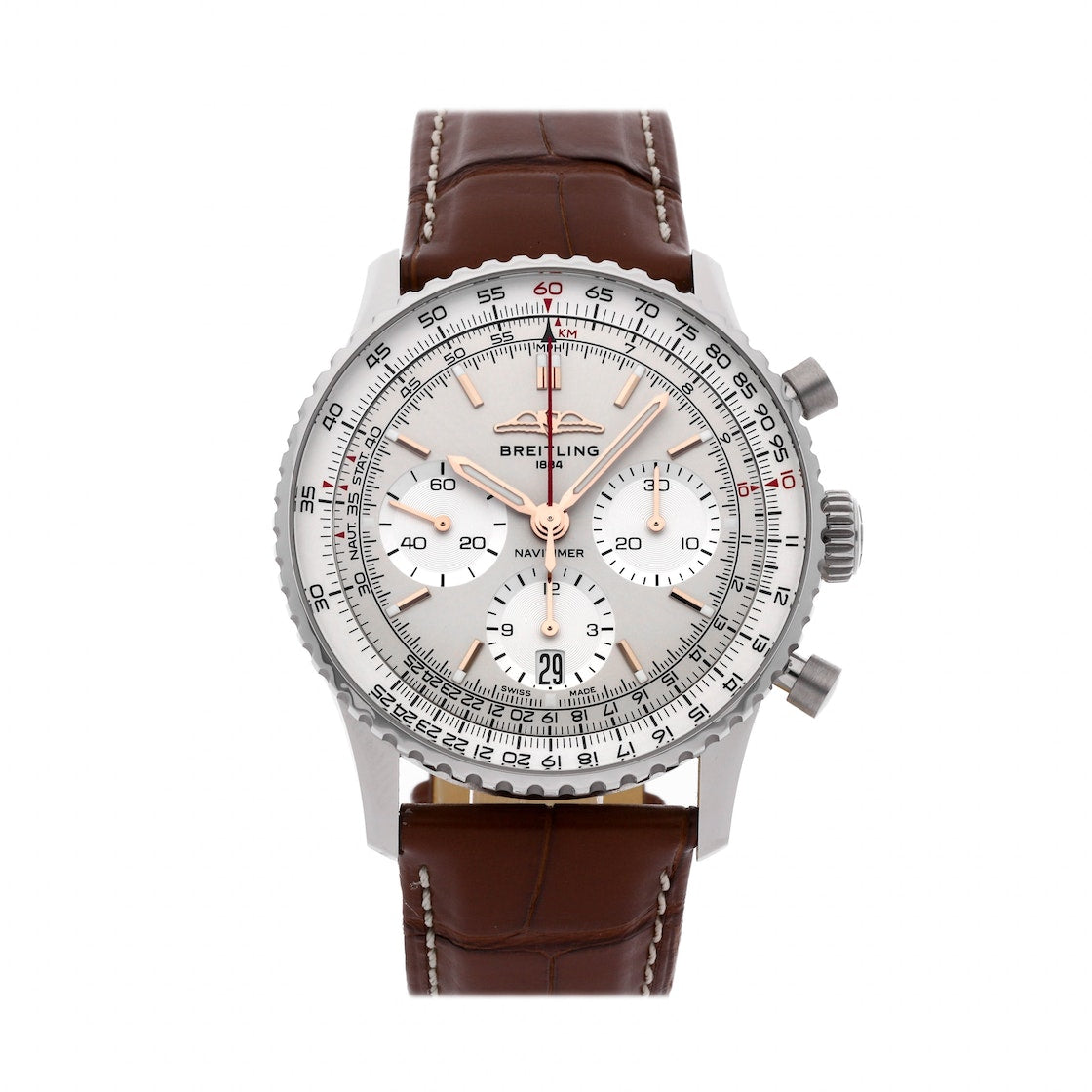 Breitling Navitimer B01 Chronograph 41 White Dial Brown Leather Strap Watch for Men - AB0139211G1P1
