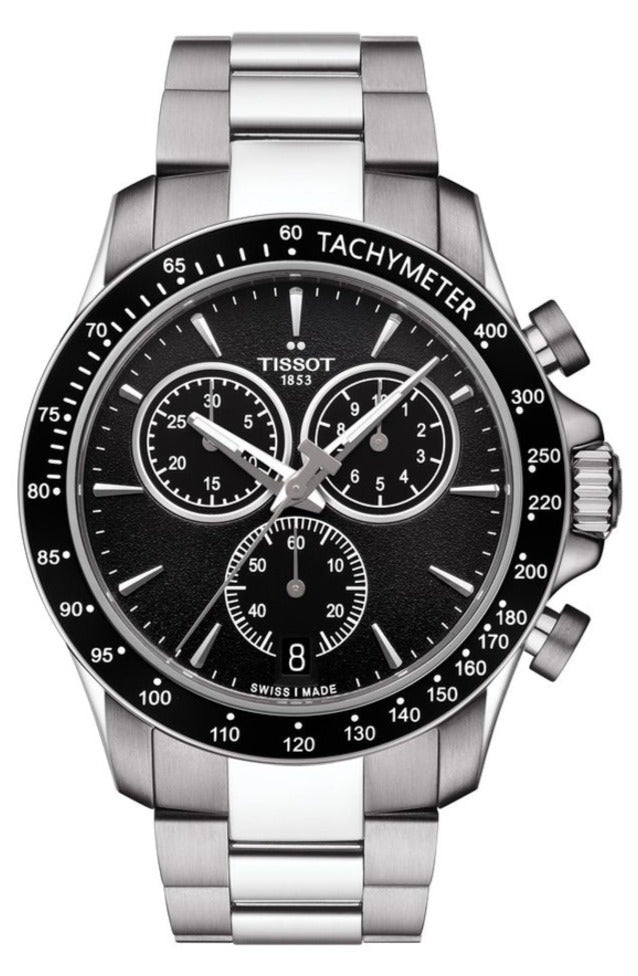 Tissot V8 Quartz Chronograph Black Dial Silver Steel Strap Watch For Men - T106.417.11.051.00