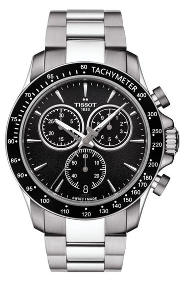 Tissot V8 Quartz Chronograph Black Dial Silver Steel Strap Watch For Men - T106.417.11.051.00