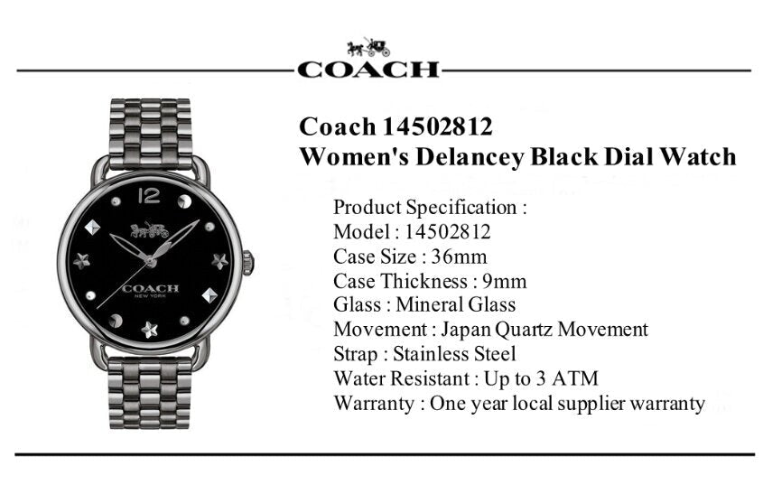 Coach Delancey Black Dial Black Steel Strap Watch For Women - 14502812