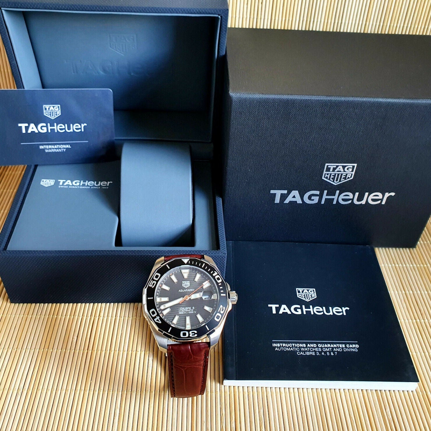 Tag Heuer Aquaracer Caliber 5 Black Dial Brown Leather Strap Watch for Men - WAY201M.FC6474