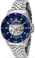 Maserati SFIDA Automatic Skeleton Blue Dial Silver Steel Strap Watch For Men - R882314001