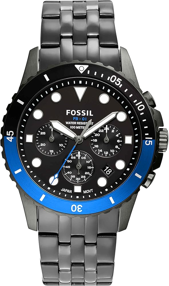 Fossil FB-01 Chronograph Black Dial Grey Steel Strap Watch for Men - FS5835