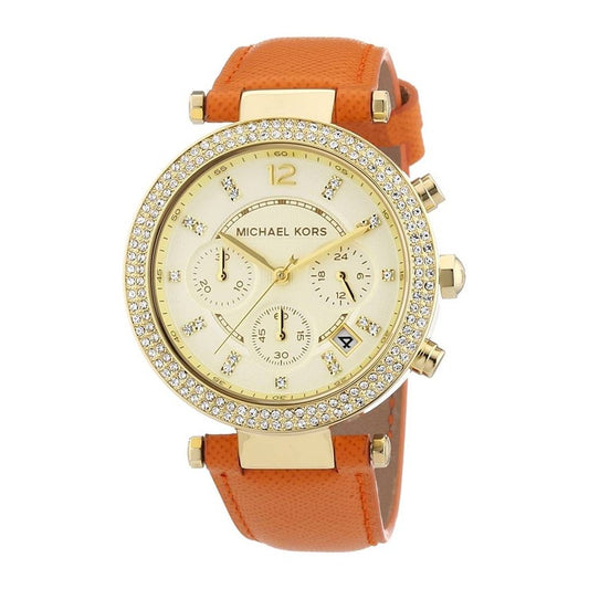 Michael Kors Parker Champagne Dial Orange Leather Strap Watch for Women - MK2279