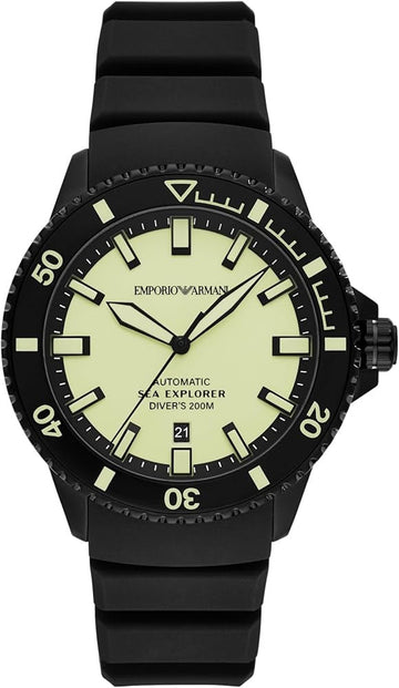 Emporio Armani Sea Explorer Automatic Yellow Dial Black Silicone Strap Watch For Men - AR60085