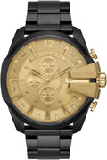 Diesel Mega Chief Chronograph Gold Dial Black Steel Strap Watch For Men - DZ4485